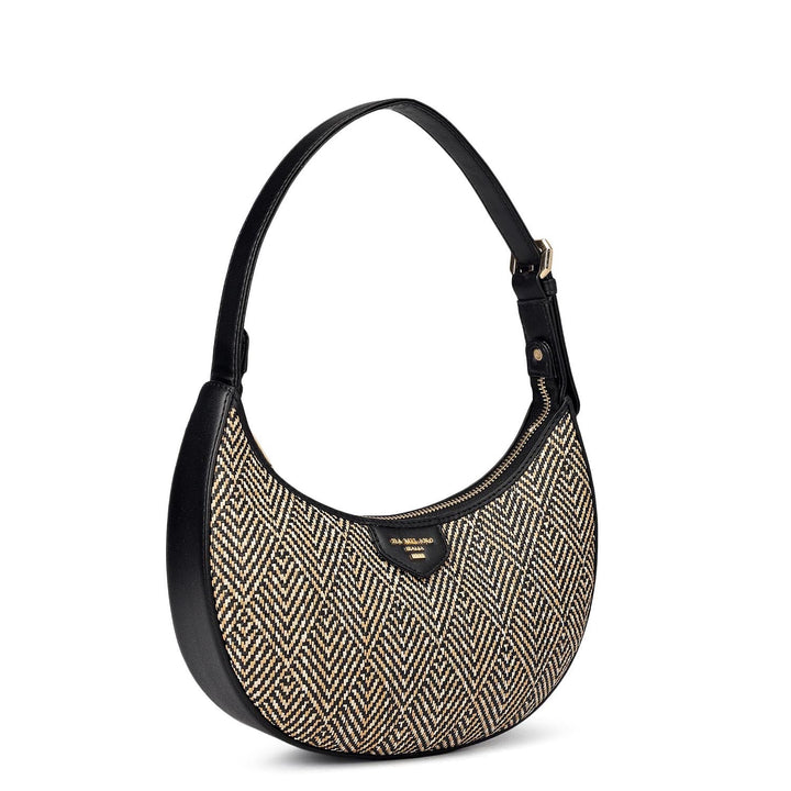 Small Canvas Plain Leather Baguette - Beige & Black