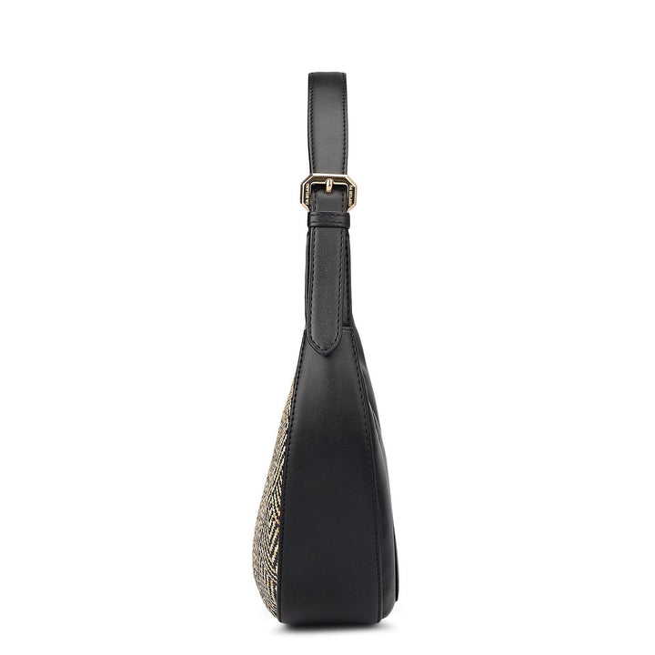 Small Canvas Plain Leather Baguette - Beige & Black
