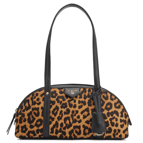 Small Fur Plain Leather Shoulder Bag - Beige & Black