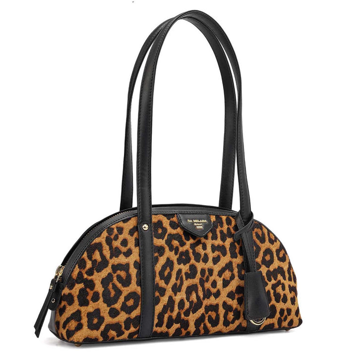 Small Fur Plain Leather Shoulder Bag - Beige & Black