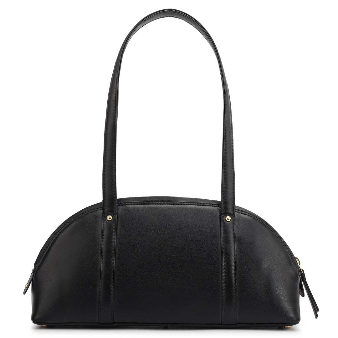 Small Fur Plain Leather Shoulder Bag - Beige & Black
