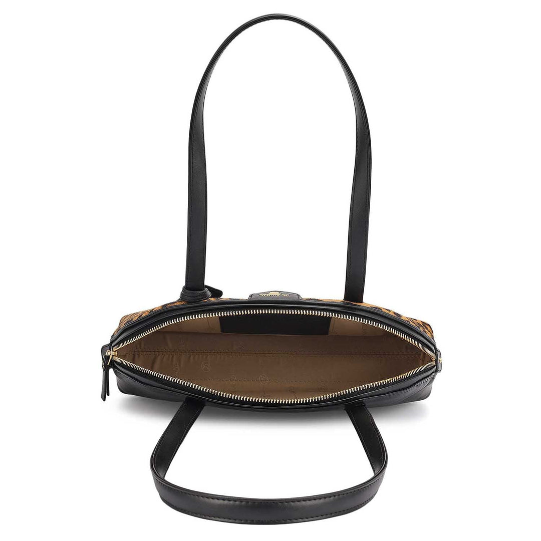 Small Fur Plain Leather Shoulder Bag - Beige & Black