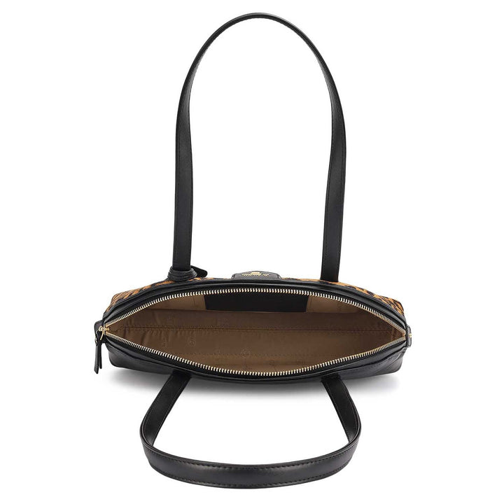 Small Fur Plain Leather Shoulder Bag - Beige & Black