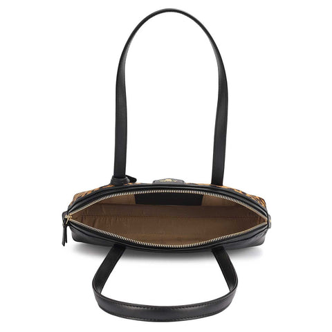 Small Fur Plain Leather Shoulder Bag - Beige & Black