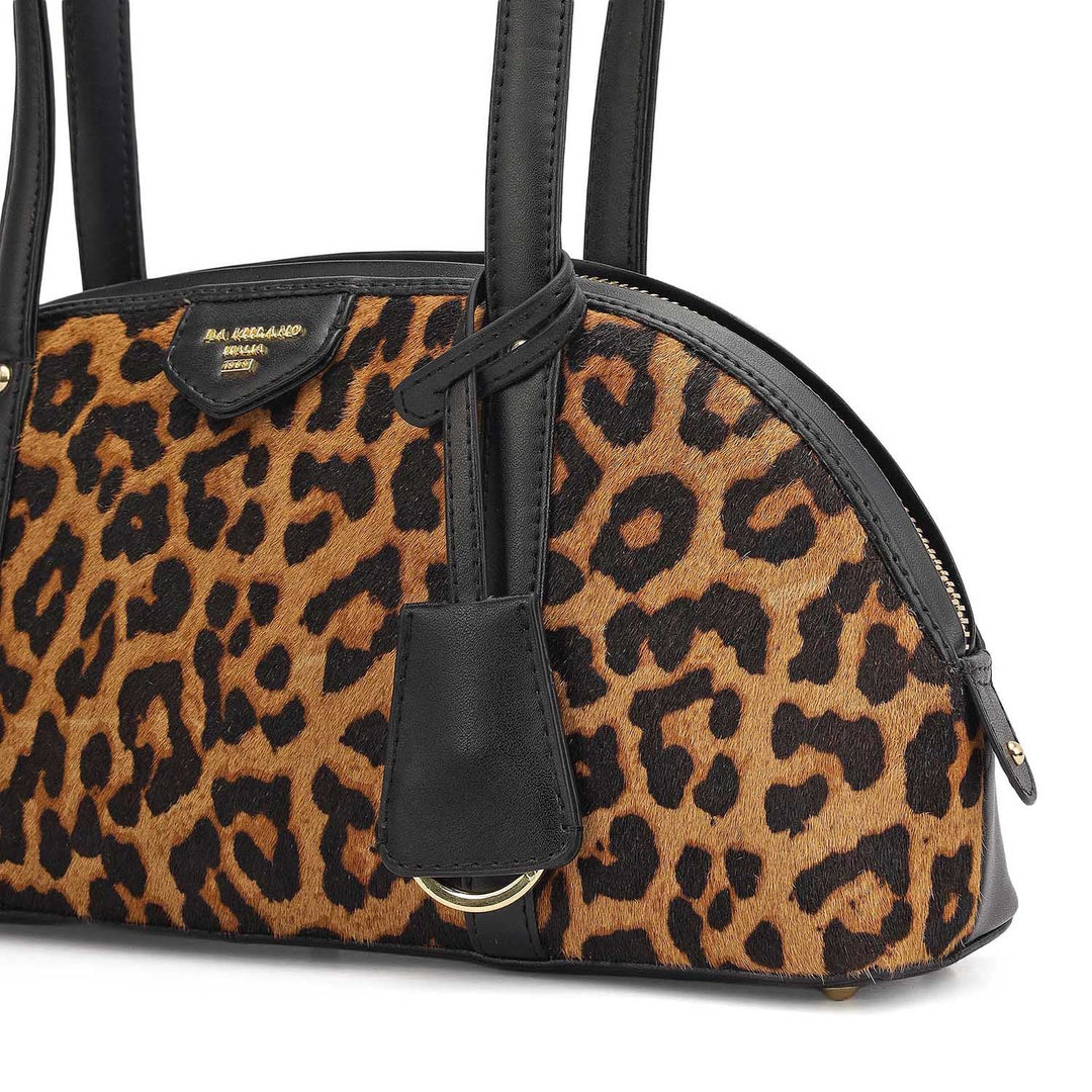 Small Fur Plain Leather Shoulder Bag - Beige & Black