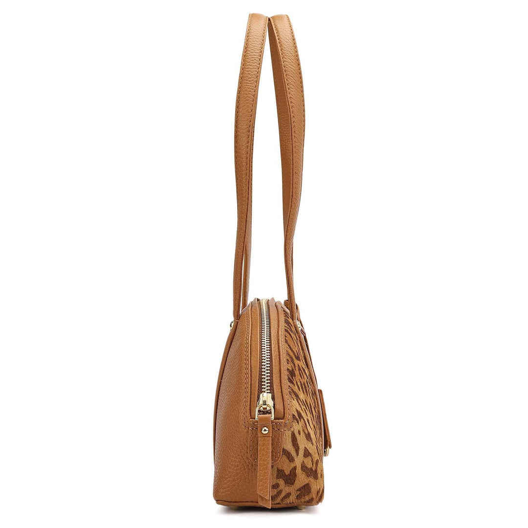 Small Fur Wax Leather Shoulder Bag - Beige & Caramel