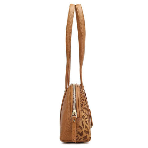 Small Fur Wax Leather Shoulder Bag - Beige & Caramel