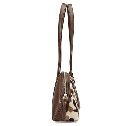 Small Fur Franzy Leather Shoulder Bag - Off White & Brown