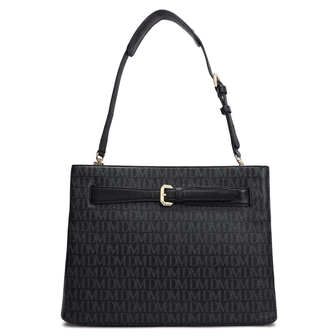 Siena Monogram Leather Shoulder Bag - Black