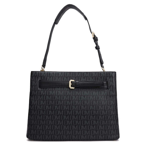 Siena Monogram Leather Shoulder Bag - Black