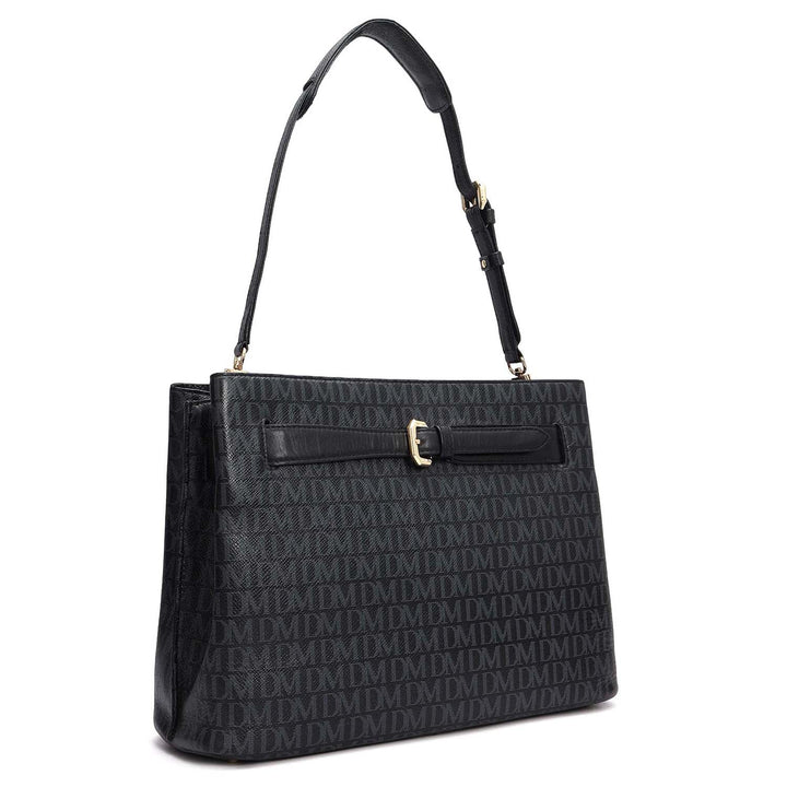 Siena Monogram Leather Shoulder Bag - Black