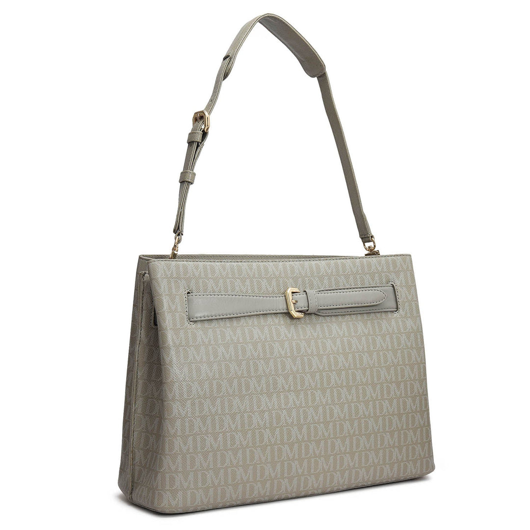 Siena Monogram Leather Shoulder Bag - Stone Grey