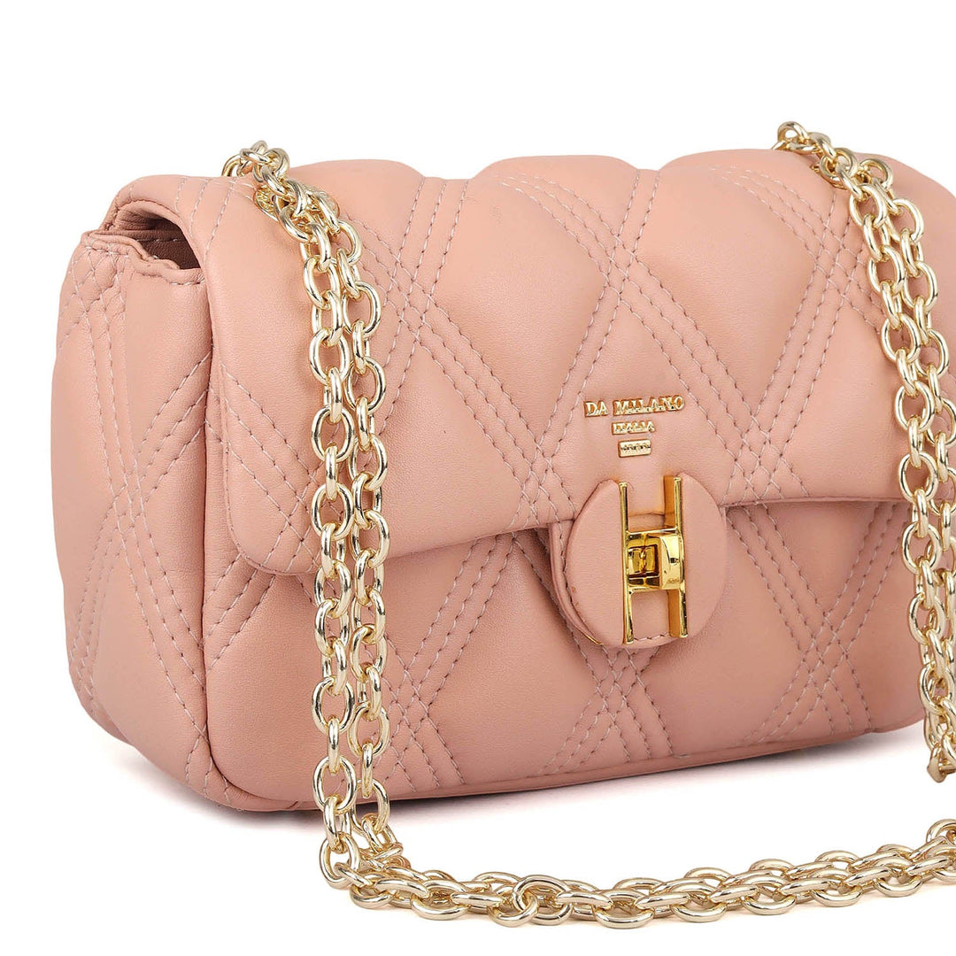 Small Quilting Leather Shoulder Bag - Peach