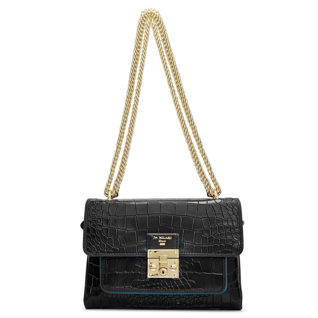 Small Croco Leather Shoulder Bag - Black