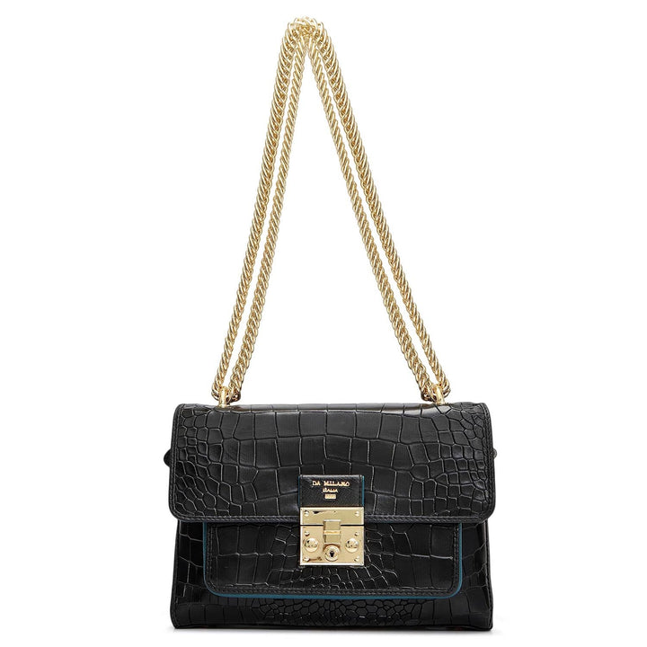 Small Croco Leather Shoulder Bag - Black