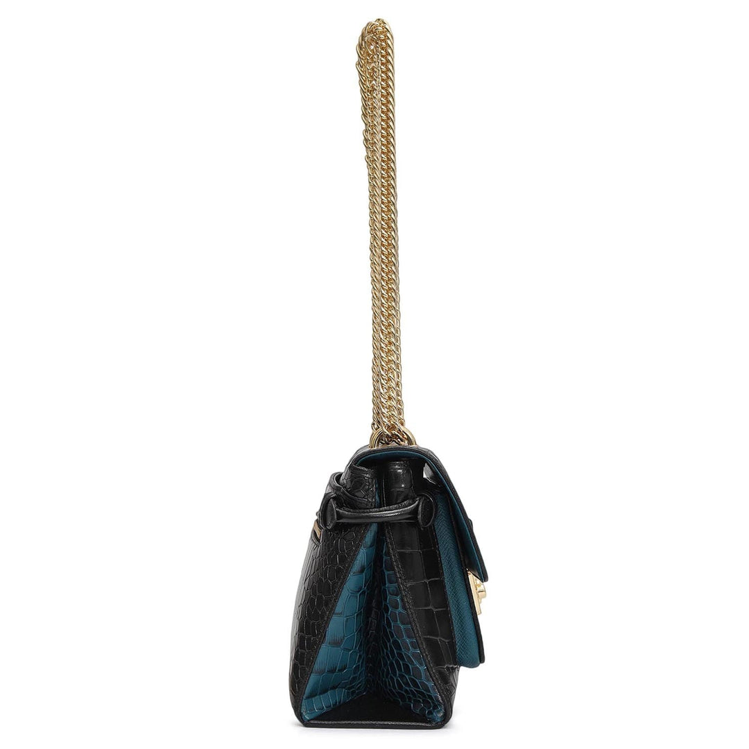 Small Croco Leather Shoulder Bag - Black