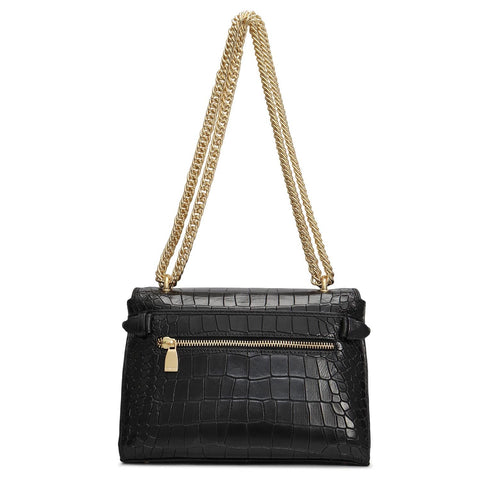 Small Croco Leather Shoulder Bag - Black