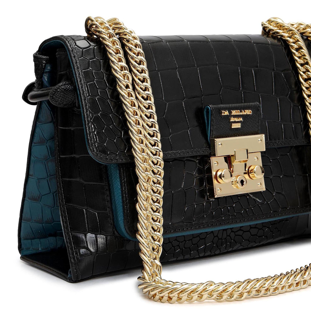 Small Croco Leather Shoulder Bag - Black