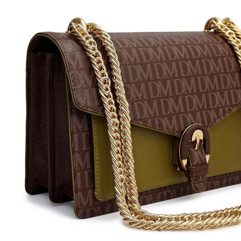 Small Monogram Plain Leather Shoulder Bag - Walnut & Lime