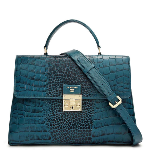 Medium Croco Leather Satchel - Teal