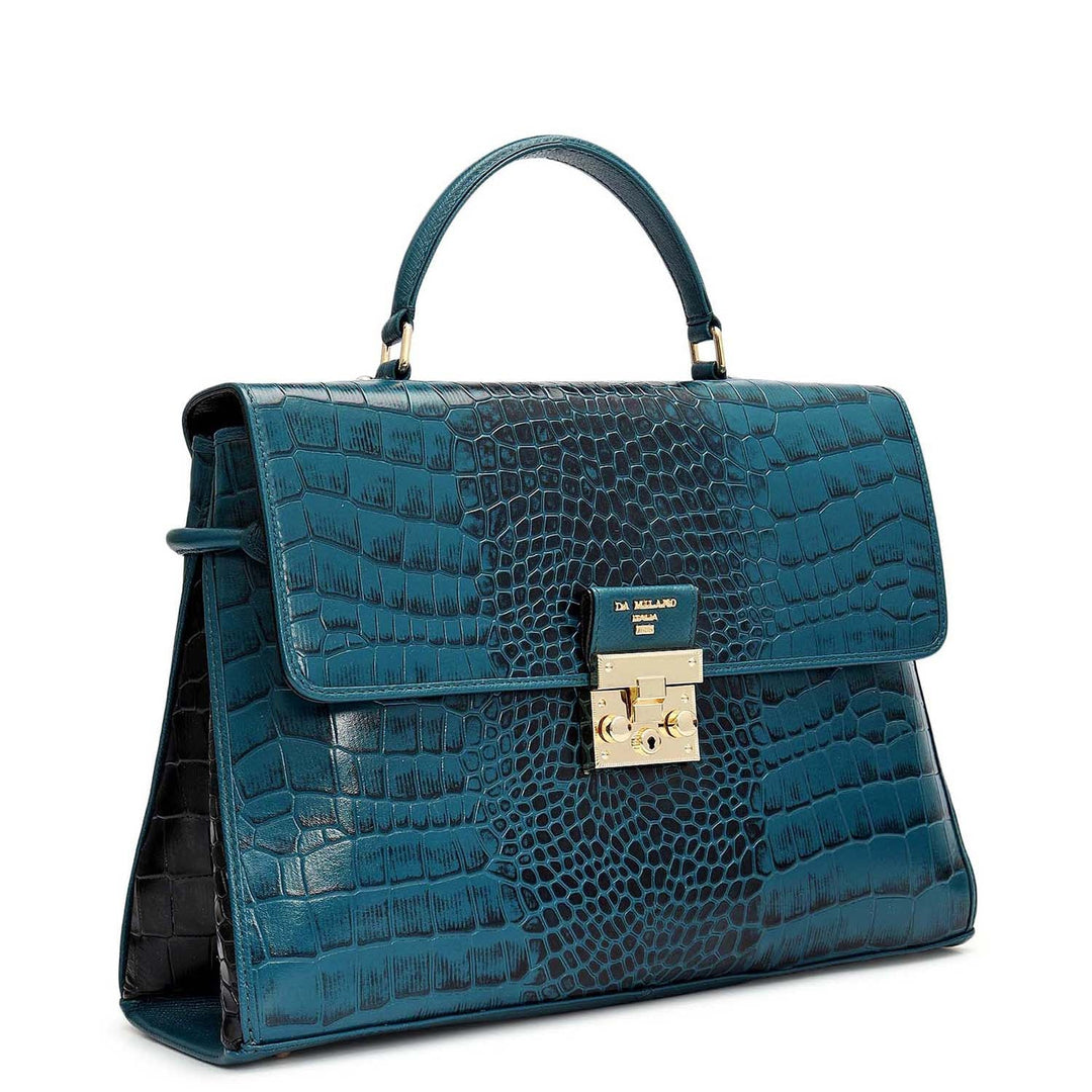 Medium Croco Leather Satchel - Teal