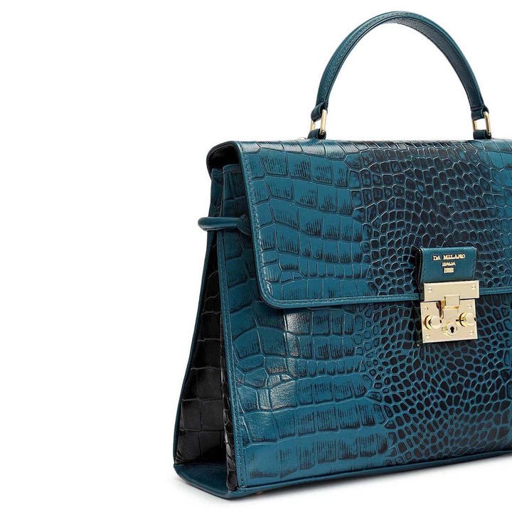 Medium Croco Leather Satchel - Teal