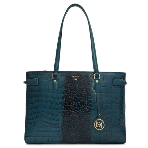 Medium Croco Leather Tote - Teal