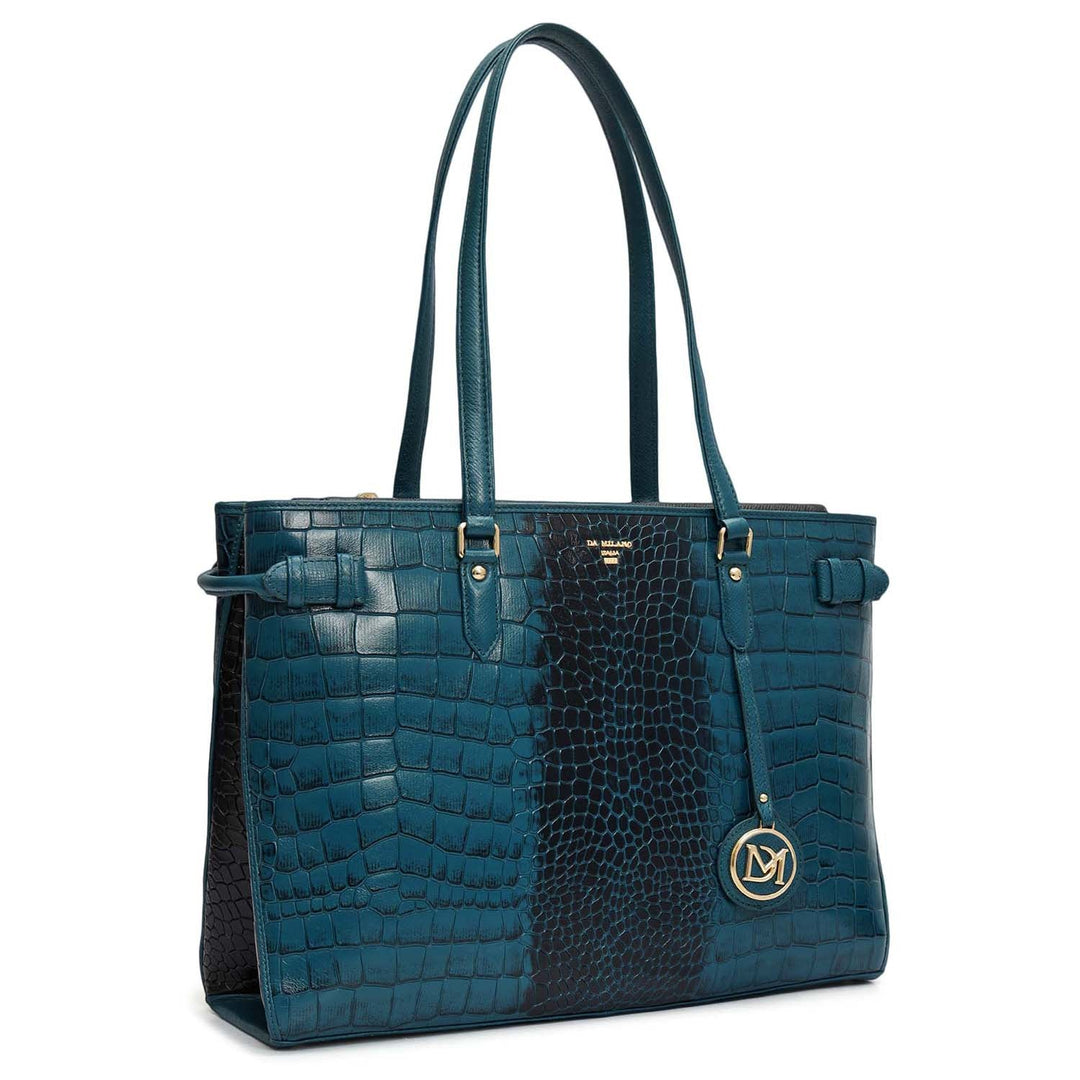 Medium Croco Leather Tote - Teal