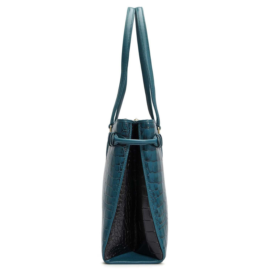 Medium Croco Leather Tote - Teal