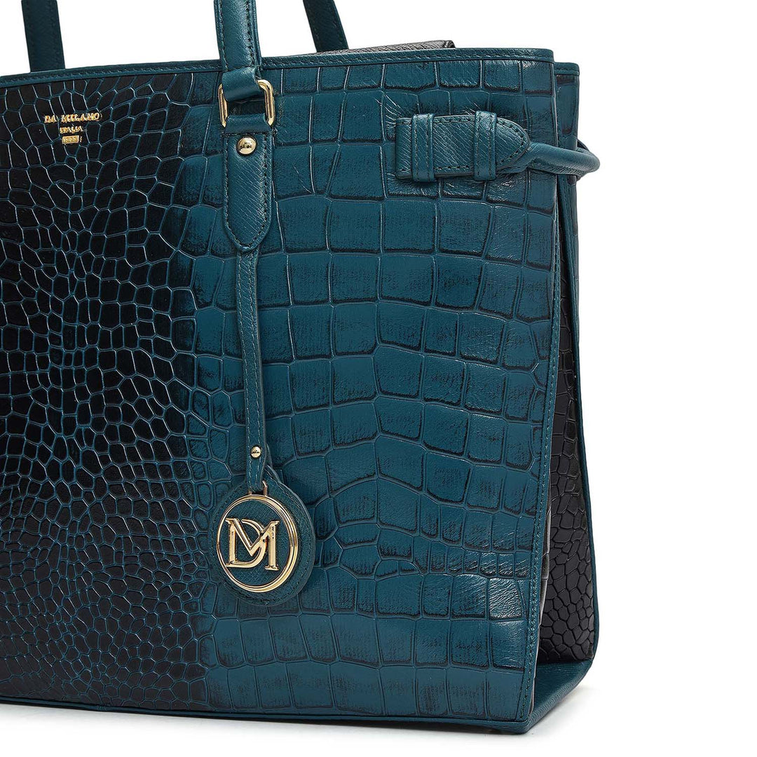 Medium Croco Leather Tote - Teal