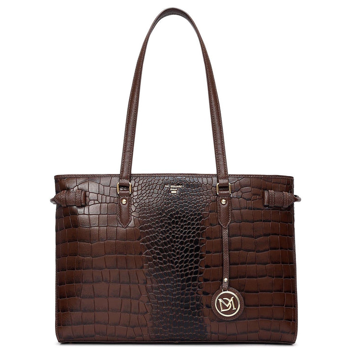 Medium Croco Leather Tote - Walnut