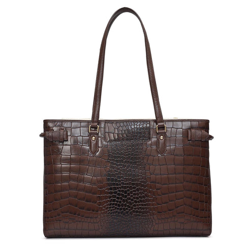 Medium Croco Leather Tote - Walnut