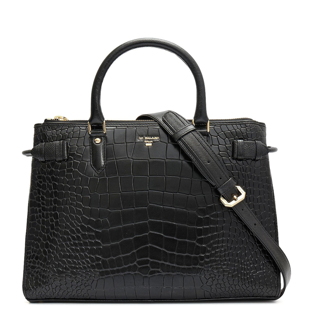 Medium Croco Leather Satchel - Black