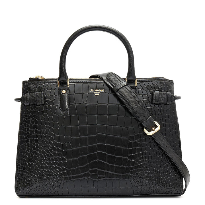 Medium Croco Leather Satchel - Black