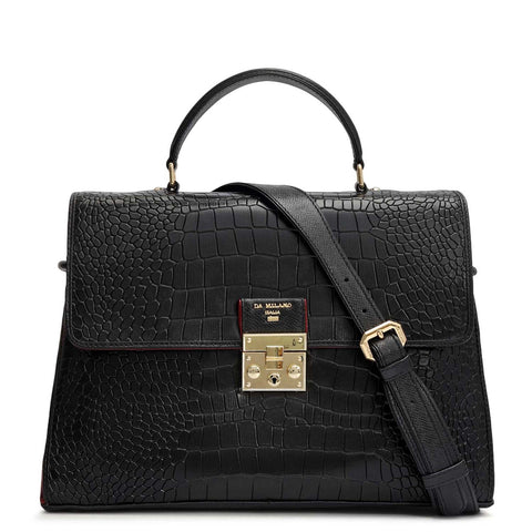 Medium Croco Leather Satchel - Black