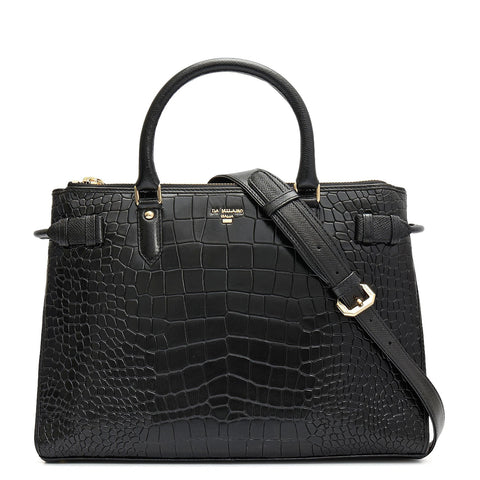 Medium Croco Leather Satchel - Black