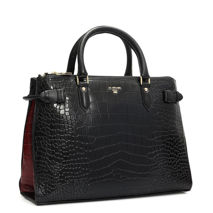 Medium Croco Leather Satchel - Black