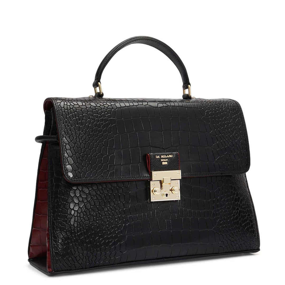 Medium Croco Leather Satchel - Black