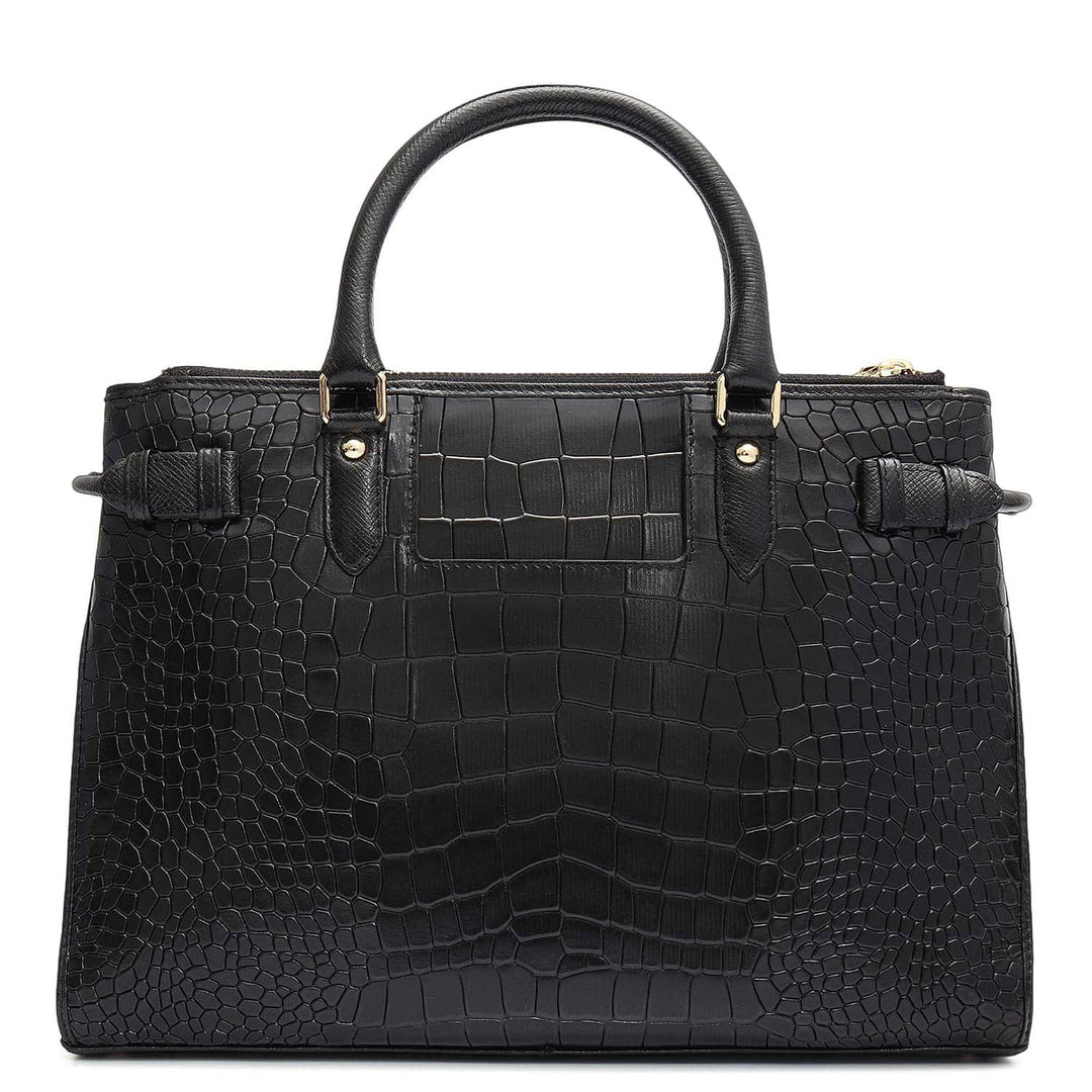 Medium Croco Leather Satchel - Black