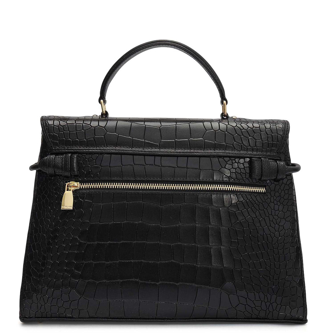 Medium Croco Leather Satchel - Black