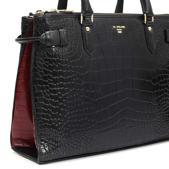 Medium Croco Leather Satchel - Black