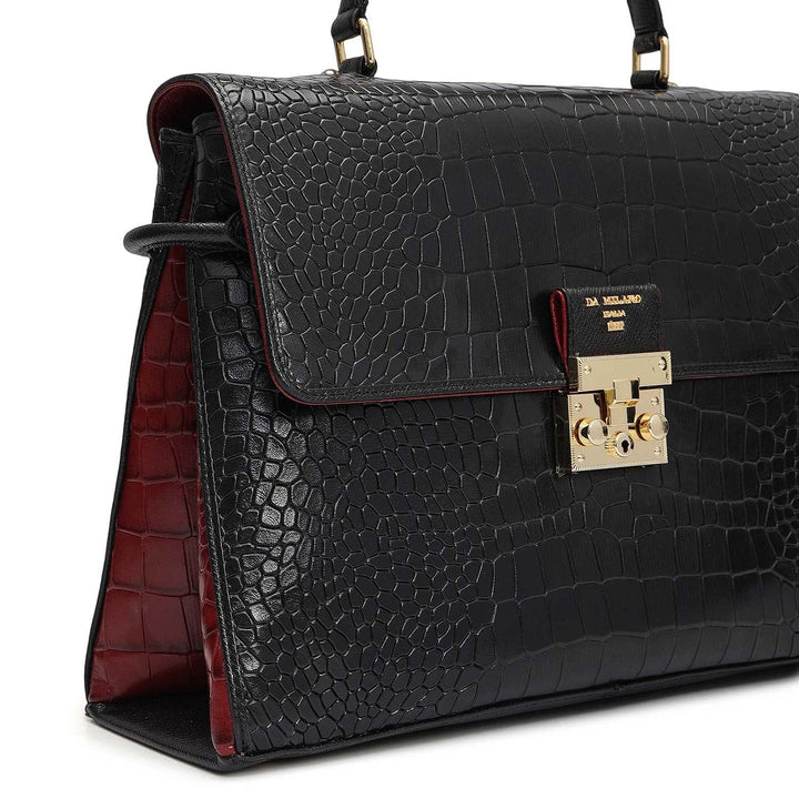 Medium Croco Leather Satchel - Black