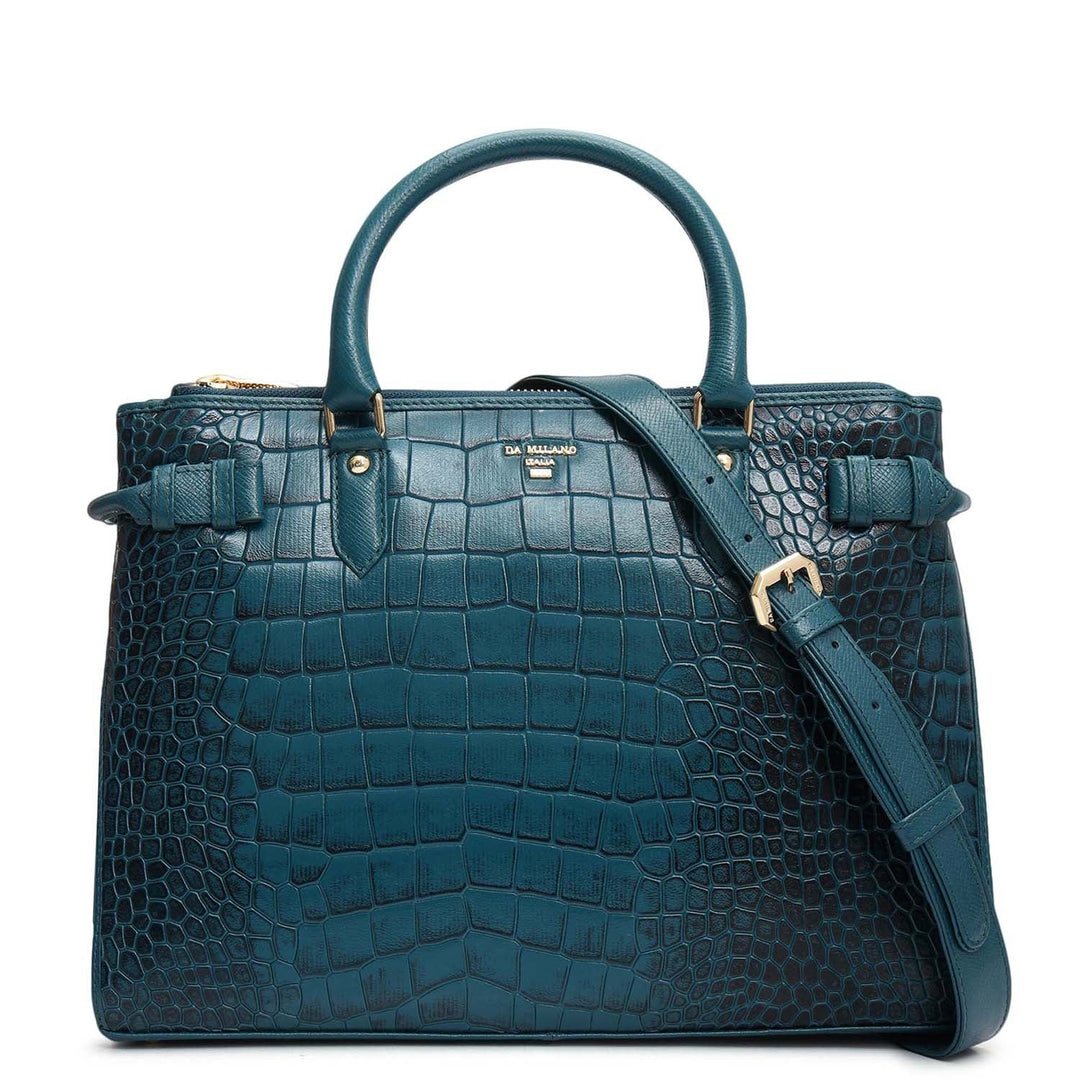 Medium Croco Leather Satchel - Teal