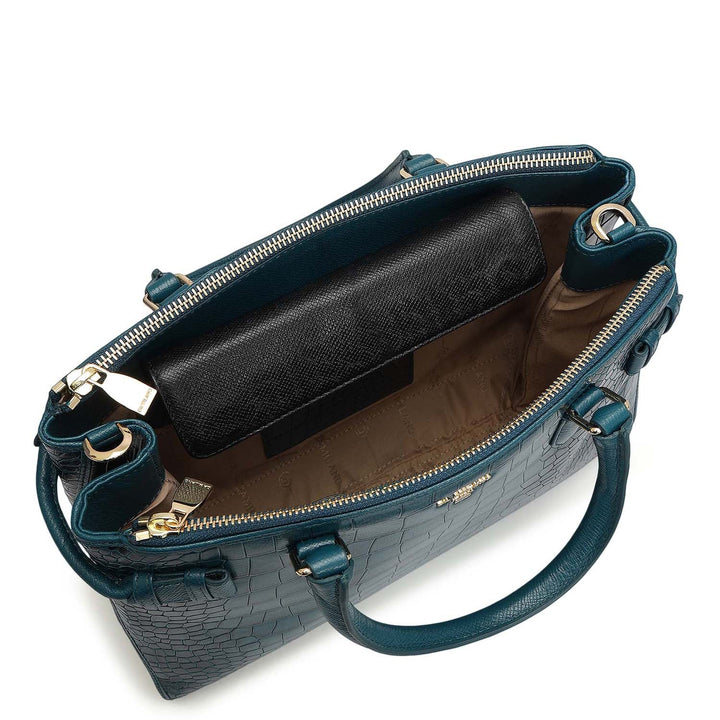 Medium Croco Leather Satchel - Teal