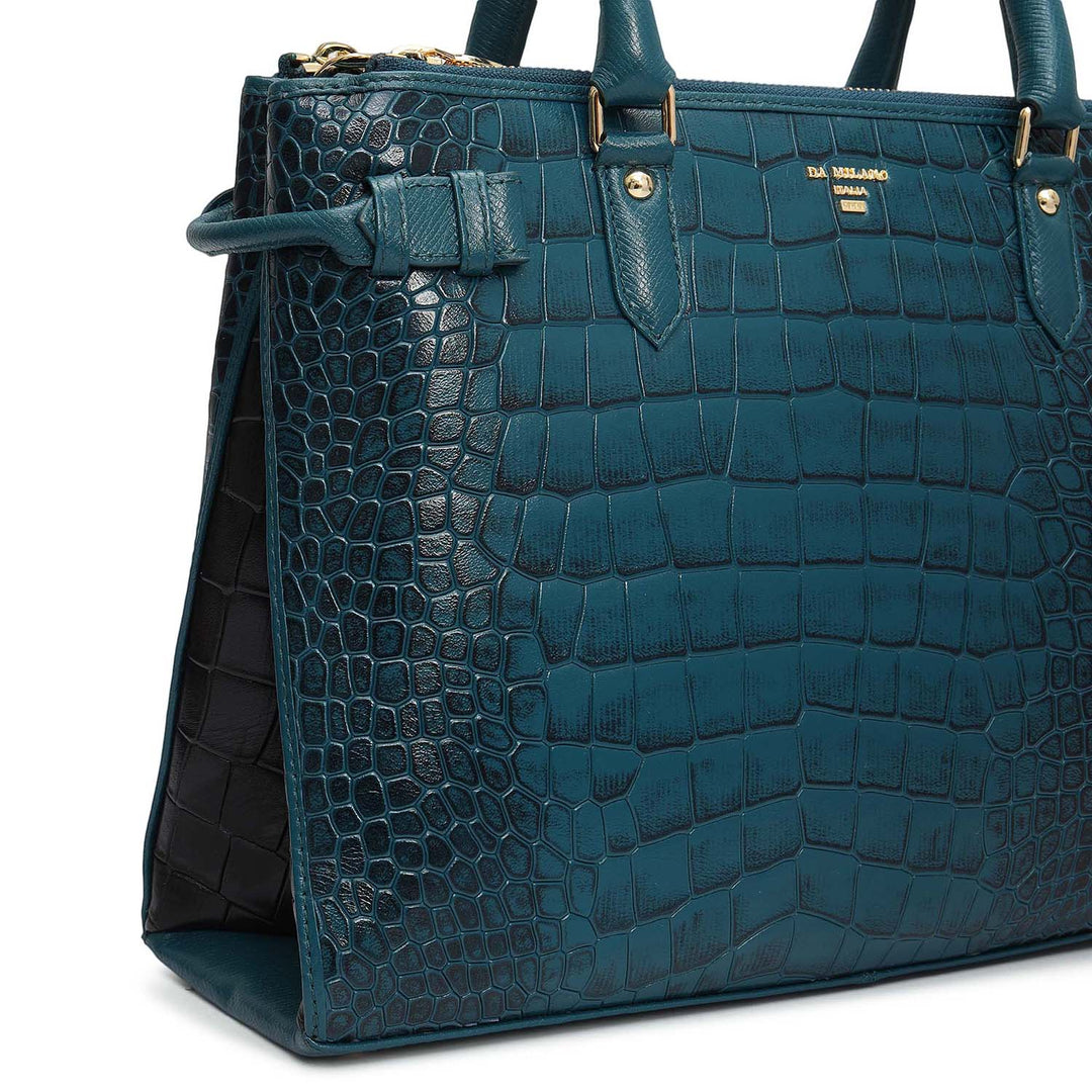 Medium Croco Leather Satchel - Teal
