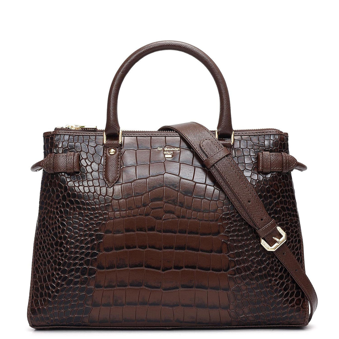 Medium Croco Leather Satchel - Walnut