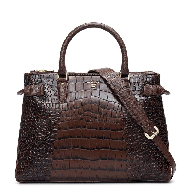 Medium Croco Leather Satchel - Walnut