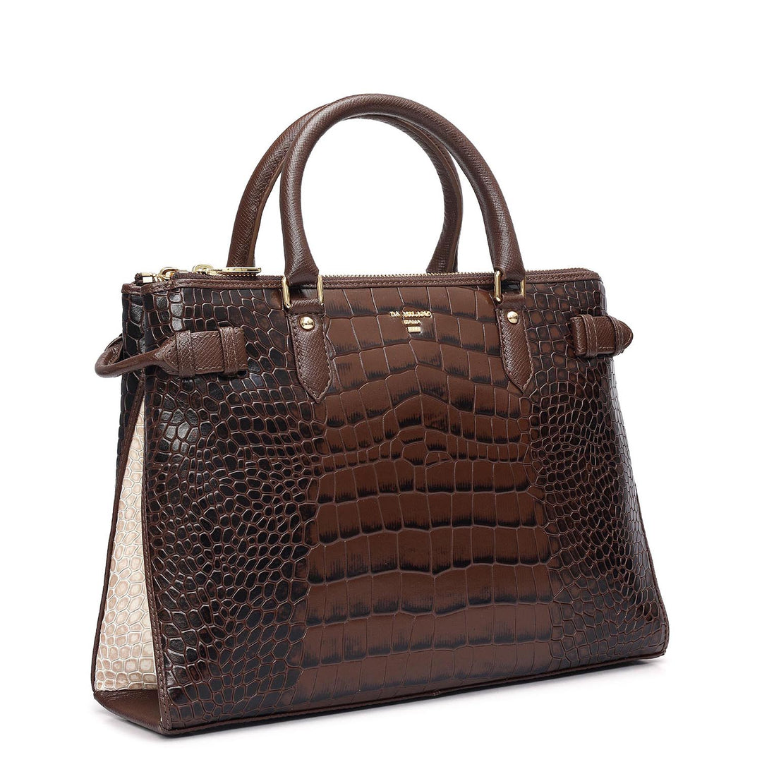 Medium Croco Leather Satchel - Walnut