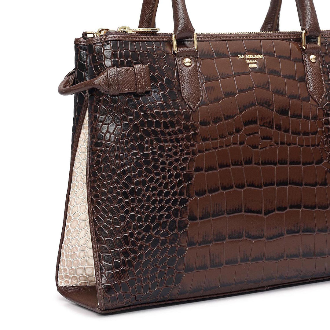 Medium Croco Leather Satchel - Walnut