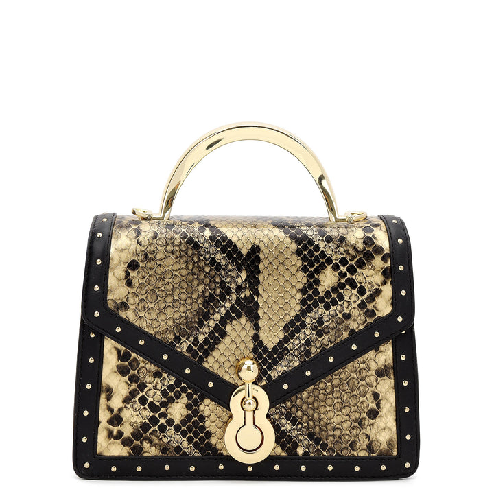 Snake Leather Top Handle Bag - Gold & Black